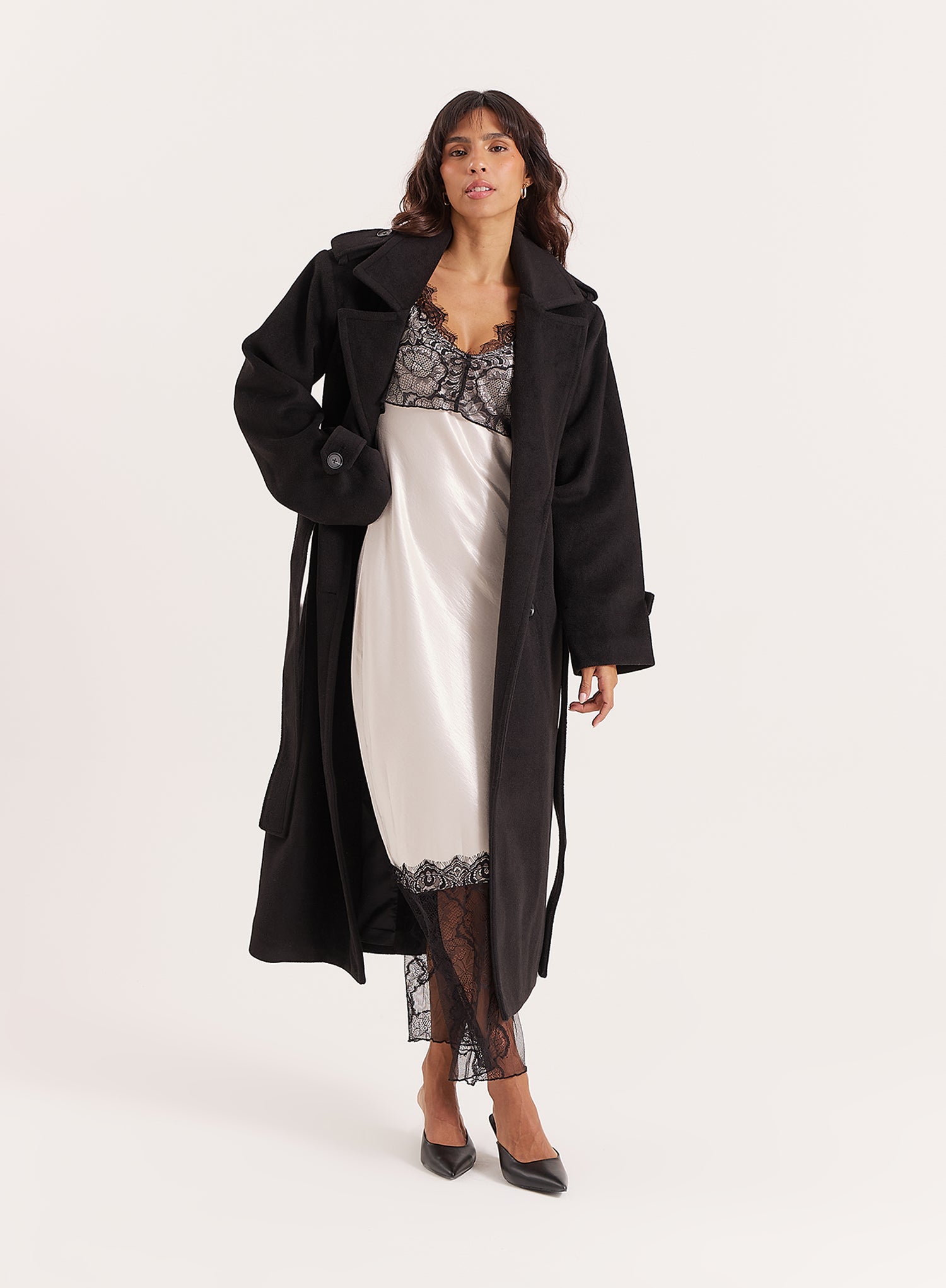 Cream Satin Lace Trim Maxi Dress